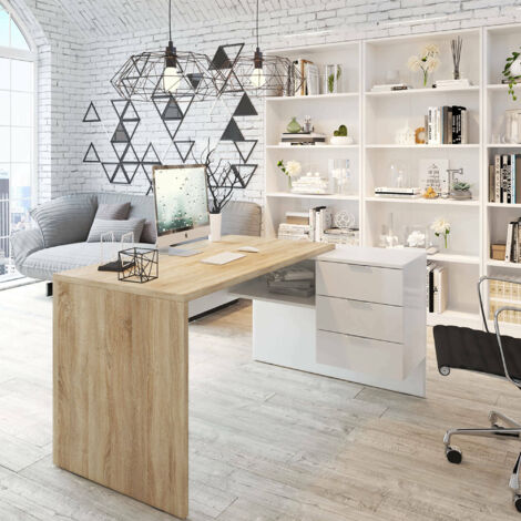 Bureau d'angle réversible en mélaminé – Chêne canadien et blanc Artik – 145x108x73 cm – 3 tiroirs pour rangement optimisé – Dimaplast - 108x145x73h