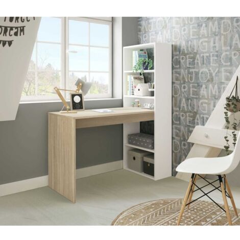Miroytengo – Bureau réversible avec étagère de rangement – Dimensions L120 x P53 x H144 cm – Panneau de particules mélaminé – Design bicolore blanc et chêne