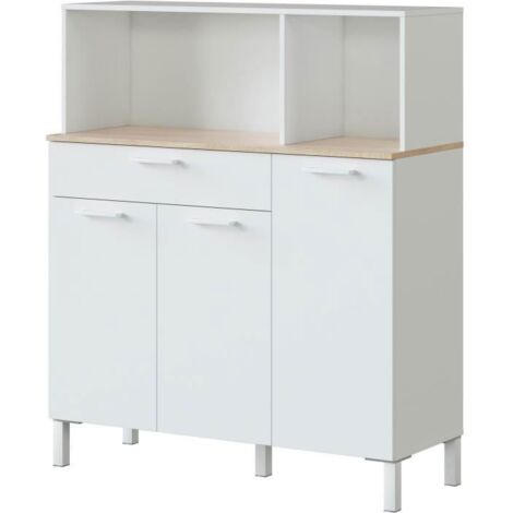 Buffet de cuisine ÉMILE 3 portes et 1 tiroir L108 x H126cm - Blanc / Bois - Blanc / Bois