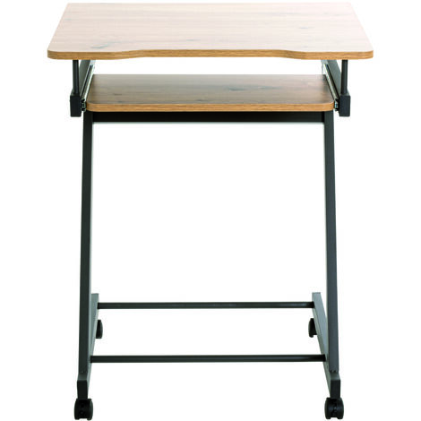 Bureau / chariot ordinateur en métal anthracite et MDF coloris chêne - Longueur 60 x Hauteur 75 x Profondeur 49 cm -PEGANE- (1/5)