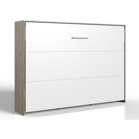 Lit escamotable horizontal coloris blanc/imitation chêne - Longueur 212 x Hauteur 154 x Profondeur 43-167 cm -PEGANE-