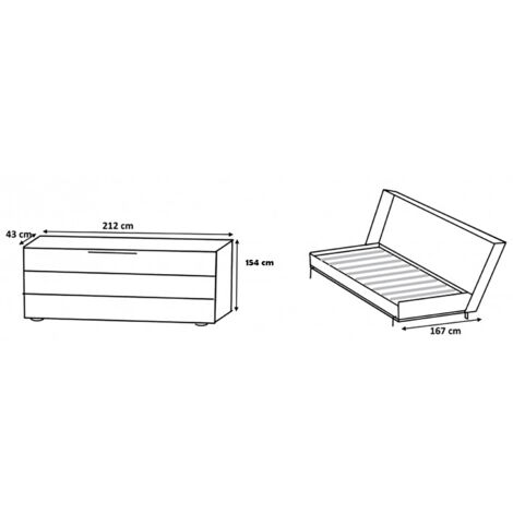 Lit escamotable horizontal coloris blanc/imitation chêne - Longueur 212 x Hauteur 154 x Profondeur 43-167 cm -PEGANE-