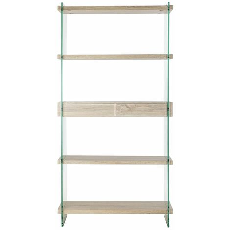Etagère en verre trempé et MDF coloris naturel - Longueur 90 x Hauteur 180 x Profondeur 35 cm - PEGANE - (1/5)