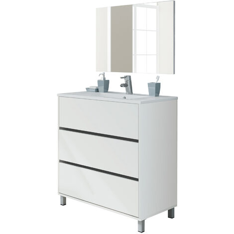 Meuble de salle de bain avec 3 portes coloris blanc - Hauteur 88 x Longueur 81 x Profondeur 47 cm - PEGANE - (1/4)