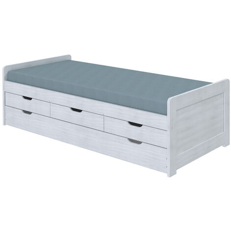 Lit enfant gigogne 90x200 cm avec rangements en pin massif coloris blanc - Longueur 205 x profondeur 98 x Hauteur 63 cm -PEGANE-