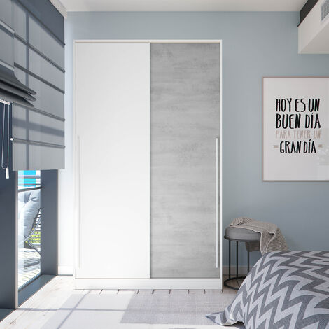 Pegane – Armoire penderie 2 portes coulissantes en bois blanc mat et gris ciment – Dimensions 200 x 120 x 50 cm – Barre de penderie et 3 étagères