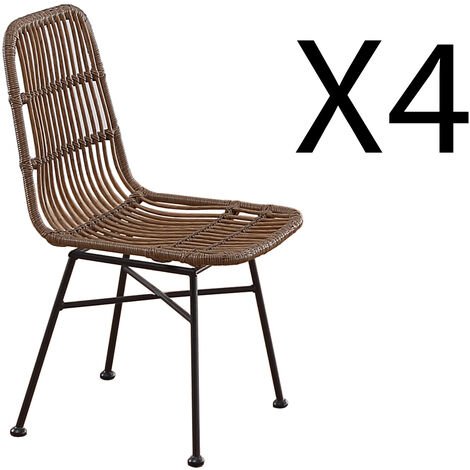 Lot de 4 chaises de salle à manger en rotin et métal coloris marron noir - longueur 44 x profondeur 47 x hauteur 84 cm - PEGANE- (1/4)