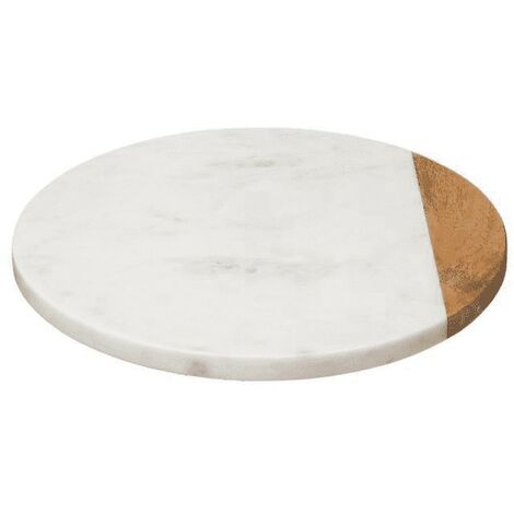 Plateau tournant en bois de manguier naturel et marbre Blanc - Diamètre 30 x Hauteur 3,8 cm -PEGANE- (1/3)