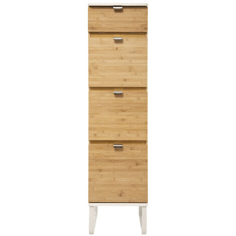 Pegane – Chiffonnier 3 tiroirs bois naturel et blanc – Dimensions 33x33x130,5 cm – Structure en bambou et métal – Montage facile (1/4)