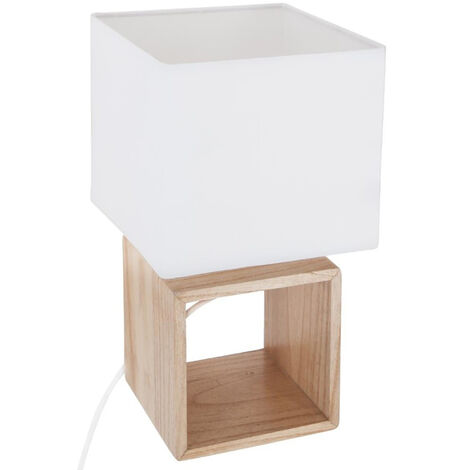 Lampe à poser carrée en bois coloris blanc et naturel - Longueur 18 x Profondeur 18 x Hauteur 32 cm -PEGANE-