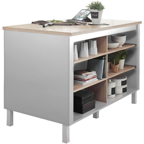 Pegane – Îlot de cuisine en MDF blanc – Longueur 138 cm x Hauteur 85 cm x Profondeur 75 cm – Plateau chêne sonoma 28mm – Pour espaces modernes
