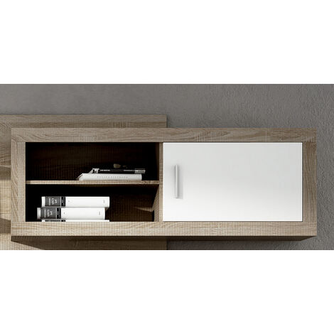 Meuble haut 1 porte coloris chêne cambrian, blanc - Longueur 130 x profondeur 26,30 x hauteur 46 cm -PEGANE- (1/2)