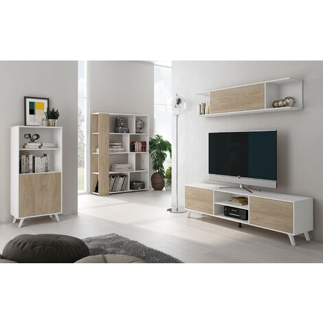 Ensemble de salon meuble TV + 1 étagère murale + armoire + meuble haut  coloris chêne cambrian, blanc