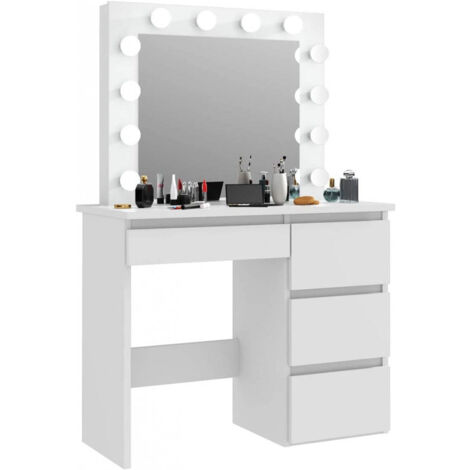 Pegane – Coiffeuse blanche avec miroir LED et 4 tiroirs – Dimensions H75 x L94 x P43 cm – Rangement optimisé pour accessoires de beauté (1/5)