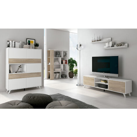Ensemble de meuble TV et 2 étagères murales + bibliothèque + vitrine coloris blanc, chêne -PEGANE- (1/5)