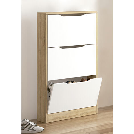 Pegane – Meuble à chaussures 3 portes en panneaux mélaminés Chêne cambrian/blanc – Dimensions 60 x 17 x 108,1 cm – Solution esthétique pour rangement (1/2)
