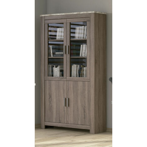 Bibliothèque, meuble de rangement coloris chêne truffé, blanc vieilli - Longueur 99,5 x profondeur 38,4 x hauteur 197,8 cm -PEGANE-