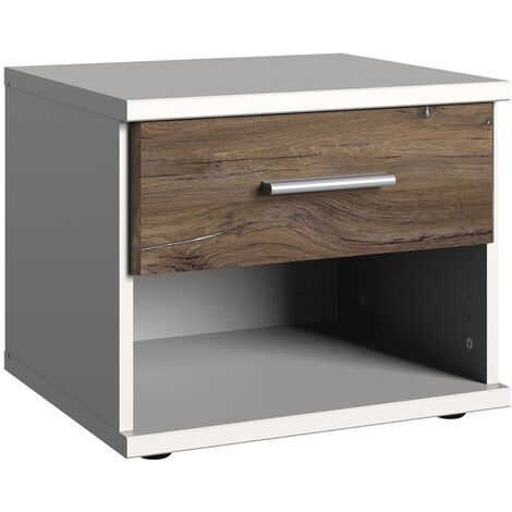 Table de chevet, table de nuit coloris Blanc, rechampis imitation chêne Flagstaff - Longueur 46 x Hauteur 38 x Profondeur 40 cm -PEGANE- (1/3)