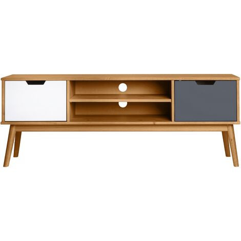 Meuble TV en pin massif blanc et gris, meuble de rangement coloris naturel - Longueur 140 x Profondeur 40 x Hauteur 52.5 cm -PEGANE- (1/5)
