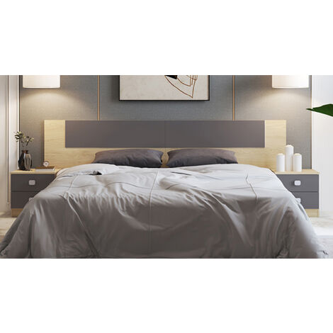 Pegane – Ensemble chambre complète avec tête de lit et 2 tables de chevet – Panneau de particule mélaminé puccini graphite – Dimensions tête de lit 247x3,2x49,8cm