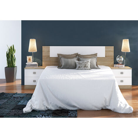 Pegane – Ensemble chambre complète avec tête de lit et 2 tables de chevet – Panneau de particule mélaminé blanc et chêne cambrian – Dimensions tête de lit 160x1,9x45cm