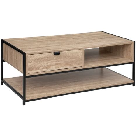 Table basse rectangulaire avec rangement en bois naturel avec pieds en métal noir - Longueur 100 x Profondeur 40 x Hauteur 50 cm (1/4)