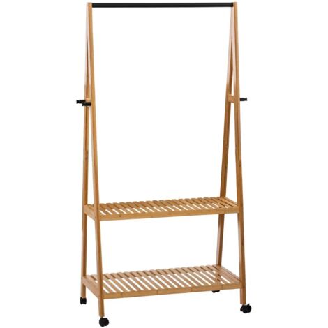 Porte-vêtements sur roulettes en bambou coloris naturel - Longueur 180 x Profondeur 43 x Hauteur 163 cm -PEGANE- (1/3)