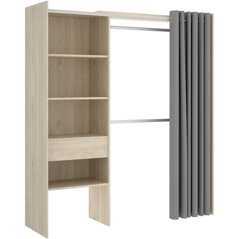 Pegane – Armoire dressing extensible chêne naturel 110-160 cm – 4 étagères 6 kg chacune – Tiroir sans poignée – Rideau gris – Barres de suspension aluminium