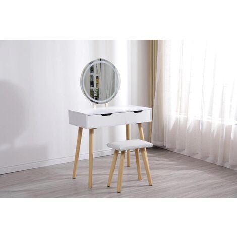 Coiffeuse table de maquillage avec miroir LED et tabouret coloris blanc H129 x L80 x P40 cm -PEGANE-