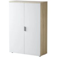 Meuble de bureau avec deux portes battantes et trois étagères fixes, parfait pour une utilisation au bureau, couleur chêne et blanc mat, Dimensions 80 x 119 x 32,5 cm