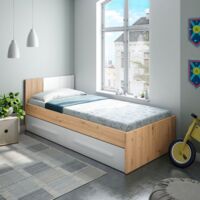 FRS – Lit simple avec tête de lit et 2 tiroirs – Dimensions 196x97 cm – Mélamine chêne et blanc – Pour matelas 90x190 cm - 196x97h41