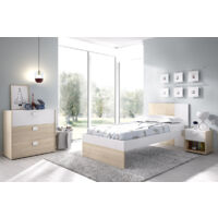 Pegane – Ensemble chambre à coucher complète – Lit adulte 190x90 cm avec 2 tiroirs – Table de chevet et commode en bois mélaminé blanc et chêne naturel