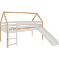 Lit enfant style maison avec toboggan et échelle coloris Bois et Blanc - Longueur 195 x Hauteur 145 x Profondeur 97 cm