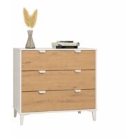 Commode, Meuble de rangement avec 3 tiroirs coloris Blanc/chêne Albar - Hauteur 80 x Longueur 77 x profondeur 48 cm