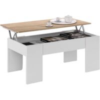 Mobimarket – Table basse relevable en chêne canadien et blanc artik – Dimensions 100 cm x 45-56 cm – Charnières métalliques résistantes – Compartiment de rangement