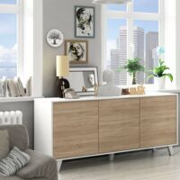 Mobimarket – Buffet scandinave 3 portes blanc laqué et chêne canadien – Largeur 154 cm – Système d'ouverture à pulsation – Pieds inclinés vintage