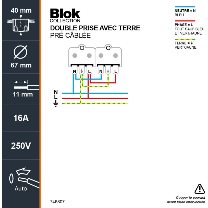 DEBFLEX - BLOK DUO PRISE USB DOUBLE 2,1A + PRISE DE COURANT 2P+T