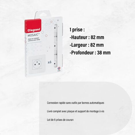Legrand - Lot de 6 prises de courant Surface Mosaic blanc complet avec plaque