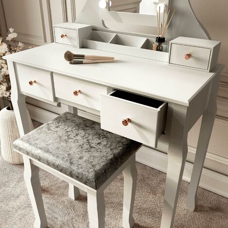 Arianna Deluxe - Grey Dressing Table with Hollywood Mirror 10 Bulbs Lights 5 Drawers Jewellery Cabinet Makeup Storage Organiser Stool Set Bedroom Furniture