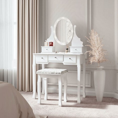 Dressing Table with Vanity Mirror LED Lights & Stool 5 Drawers Set For Bedroom Makeup Jewellery Storage - White