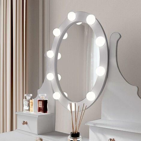 Ruby Rozanna Grey Dressing Table with Hollywood Mirror LED Lights 10 Dimmable Bulbs 5 Drawers Vanity Makeup Table Bedroom Organiser Stool Set