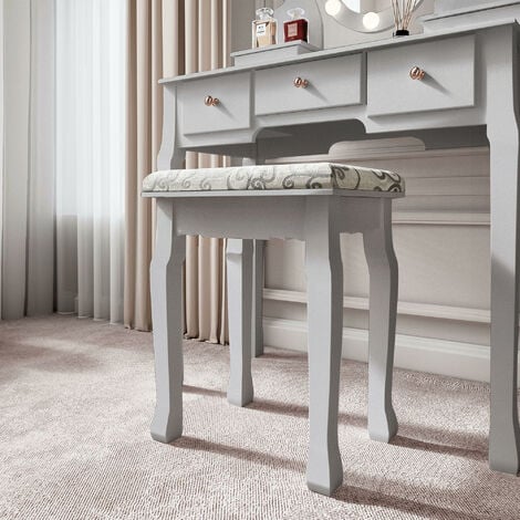 Ruby Rozanna Grey Dressing Table with Hollywood Mirror LED Lights 10 Dimmable Bulbs 5 Drawers Vanity Makeup Table Bedroom Organiser Stool Set