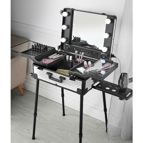 Kenzie Makeup Trolley Case with Hollywood LED Light Mirror Touch Sensor Bluetooth Speaker USB Charger Black White - Black