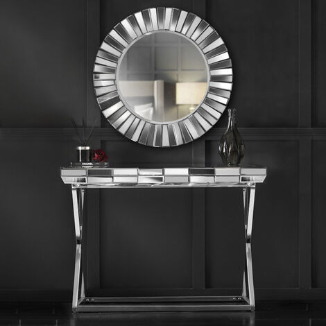 Knightsbridge Collection Grey Silver Round Wall Mirror And Mirrored Dressing Console Table with Chrome Crossed Legs