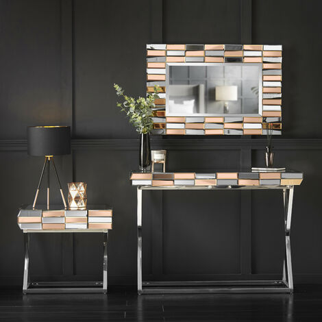 Knightsbridge Collection Rosegold Rectagle Wall Mirror Side Table with Drawer And Mirrored Dressing Console Table with Chrome Crossed Legs