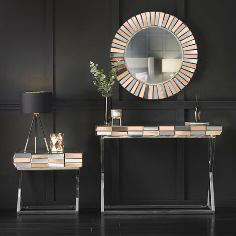 Knightsbridge Collection Rosegold Round Wall Mirror Side Table with Drawer And Mirrored Dressing Console Table with Chrome Crossed Legs