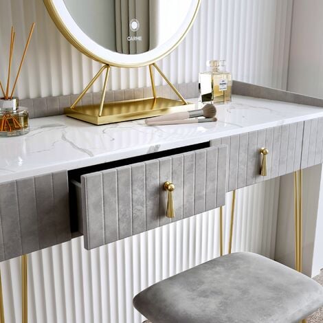 Tokyo Glow Velvet Dressing Table with LED Touch Sensor Round Mirror Makeup Vanity Table with Storage Drawers Stool Set Bedroom Furniture Dove Grey