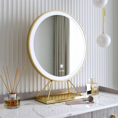 Tokyo Glow Velvet Dressing Table with LED Touch Sensor Round Mirror Makeup Vanity Table with Storage Drawers Stool Set Bedroom Furniture Dove Grey