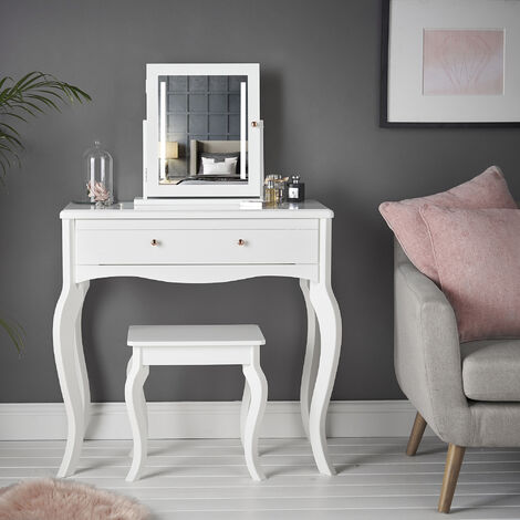 Sorrento - White Dressing Table and Side Table With Drawer Rose Gold Handles Stool Mirror with LED Lights - Three Piece Set Bedroom Makeup Furniture - White