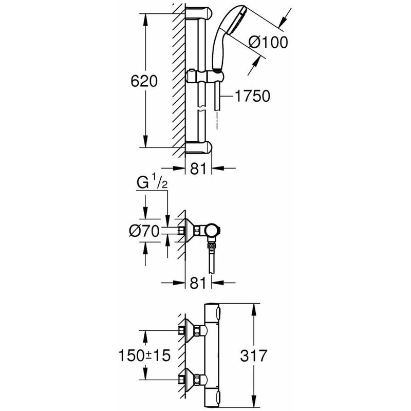 Grohe Precision Flow - Set doccia termostatico a parete, con asta  saliscendi 620 mm, cromo 34841000